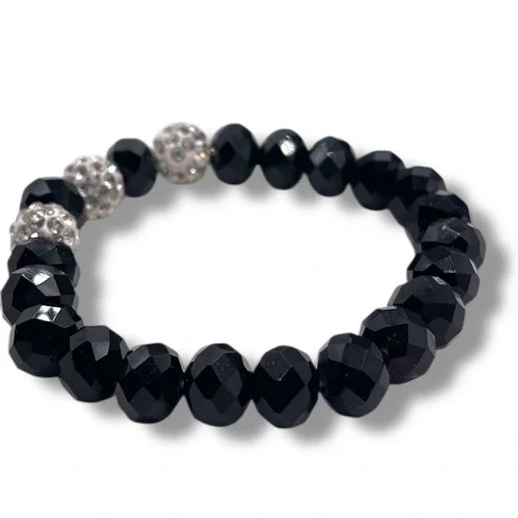 ❤️ Black Beaded Stretch Bracelet with Crystal Encrusted Accents - Picture 3 of 4